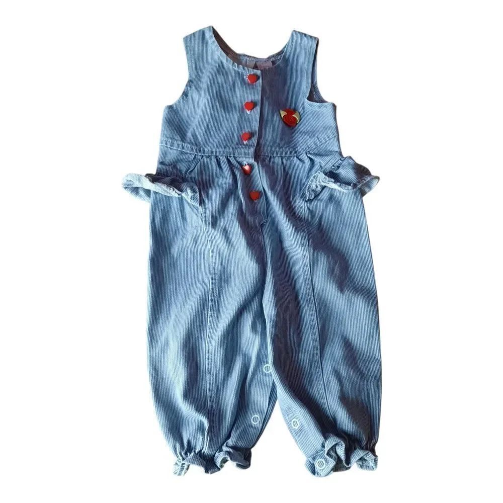 Charming Kids Denim Romper with Red Heart Accents